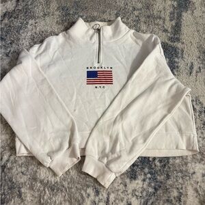 Divided White Cowl Neck Sweater with Flag Design